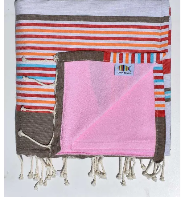 fouta doublée éponge rose clair ,rouge, beige ,gris,orange et bleu - 1