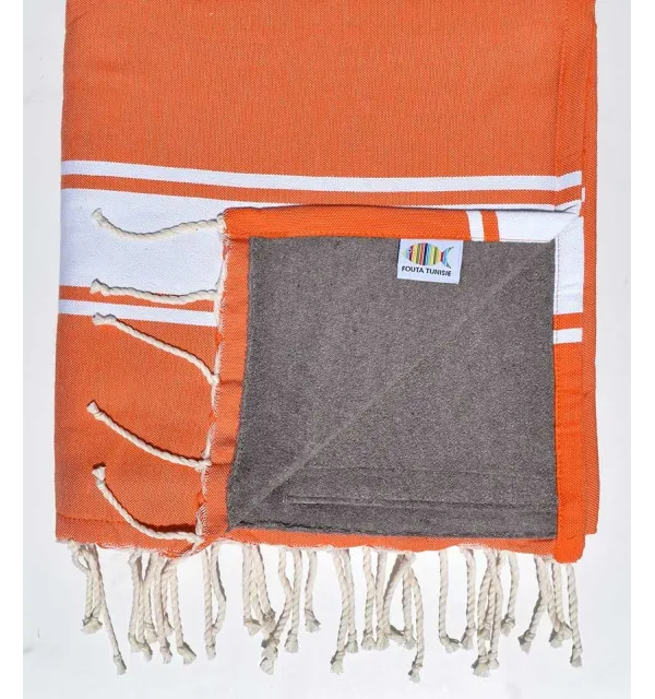 Fouta doublée éponge orangé et taupe - 1