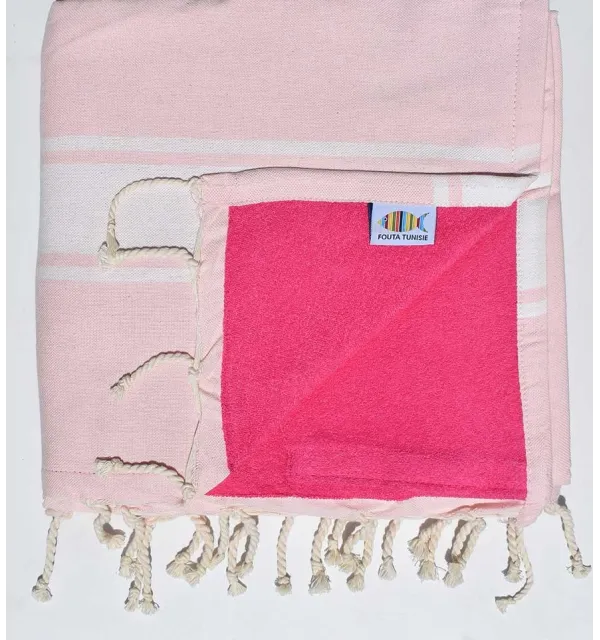 Fouta doublée éponge rose clair et rose fushia - 1