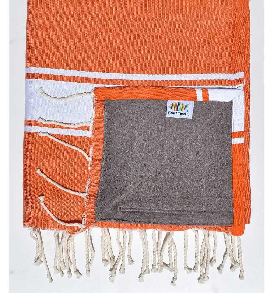 Fouta doublée éponge orangé et taupe  - 2