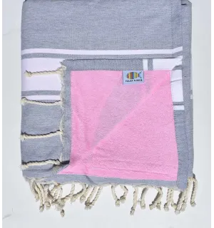 Fouta doublée éponge gris clair et rose Fouta Tunisia - 1