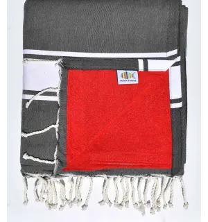 Fouta doublée éponge gris foncé et rouge  - 1