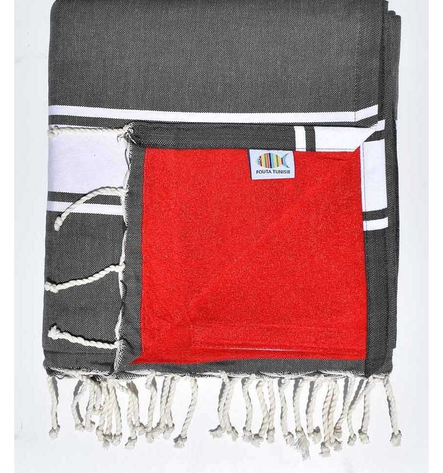 Fouta doublée éponge gris foncé et rouge