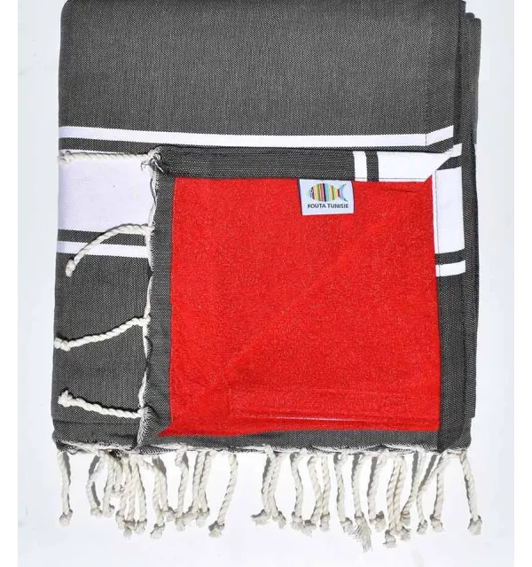 Fouta doublée éponge gris foncé et rouge - 1