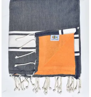 Fouta doublée éponge bleu Jean et couleur abricot  - 1