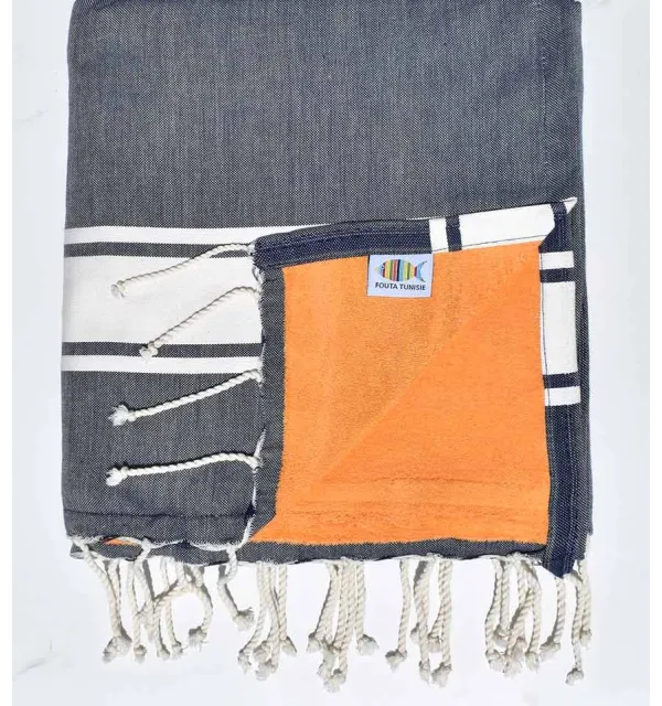 Fouta doublée éponge bleu Jean et couleur abricot - 1