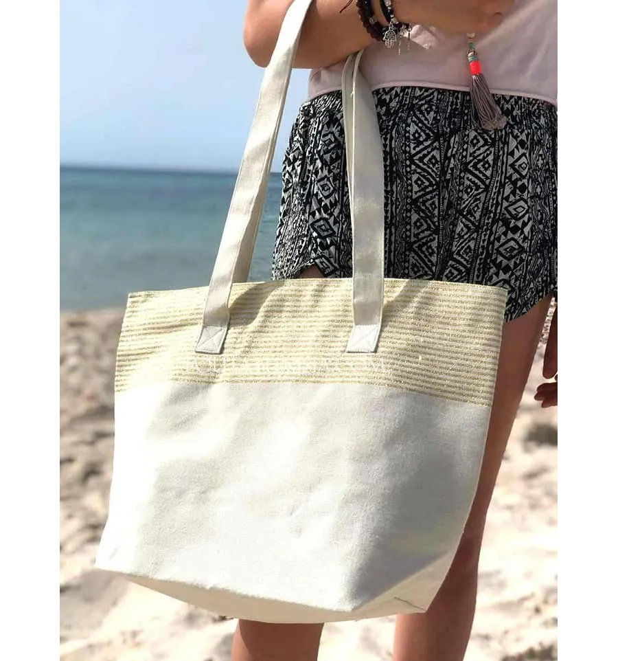Sac de plage fouta écru avec lurex doré Fouta Tunisia - 2