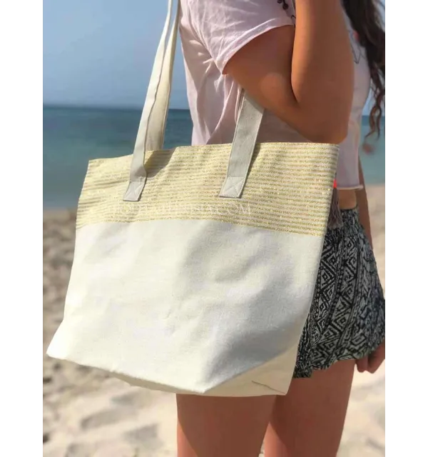 Sac de plage fouta écru avec lurex doré Fouta Tunisia - 1