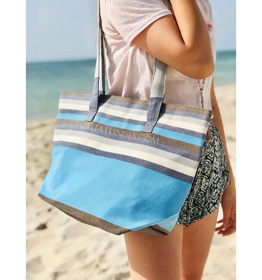 Sac de plage fouta 5 couleurs bleu ciel, blanc, gris, marron et bleu jean Fouta Tunisia - 1