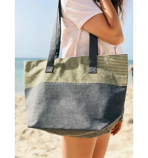 Sac de plage fouta gris foncé avec lurex doré - 1