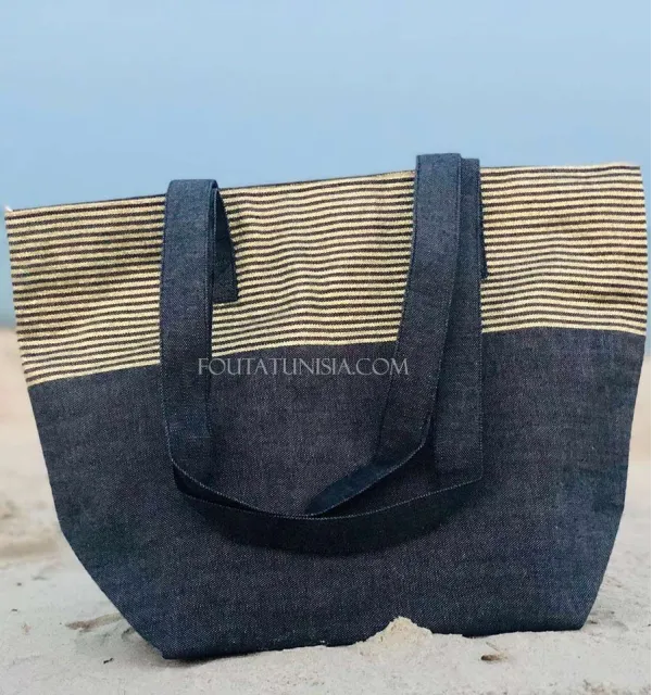Sac de plage fouta bleu marine avec lurex doré - 1