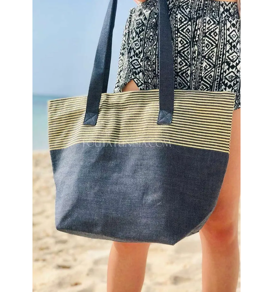 Sac de plage fouta bleu marine avec lurex doré  - 2