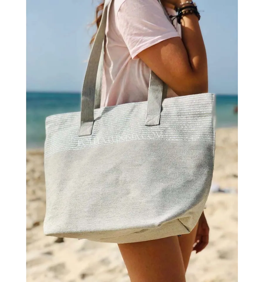 Sac de plage fouta gris clair avec lurex argenté  - 1