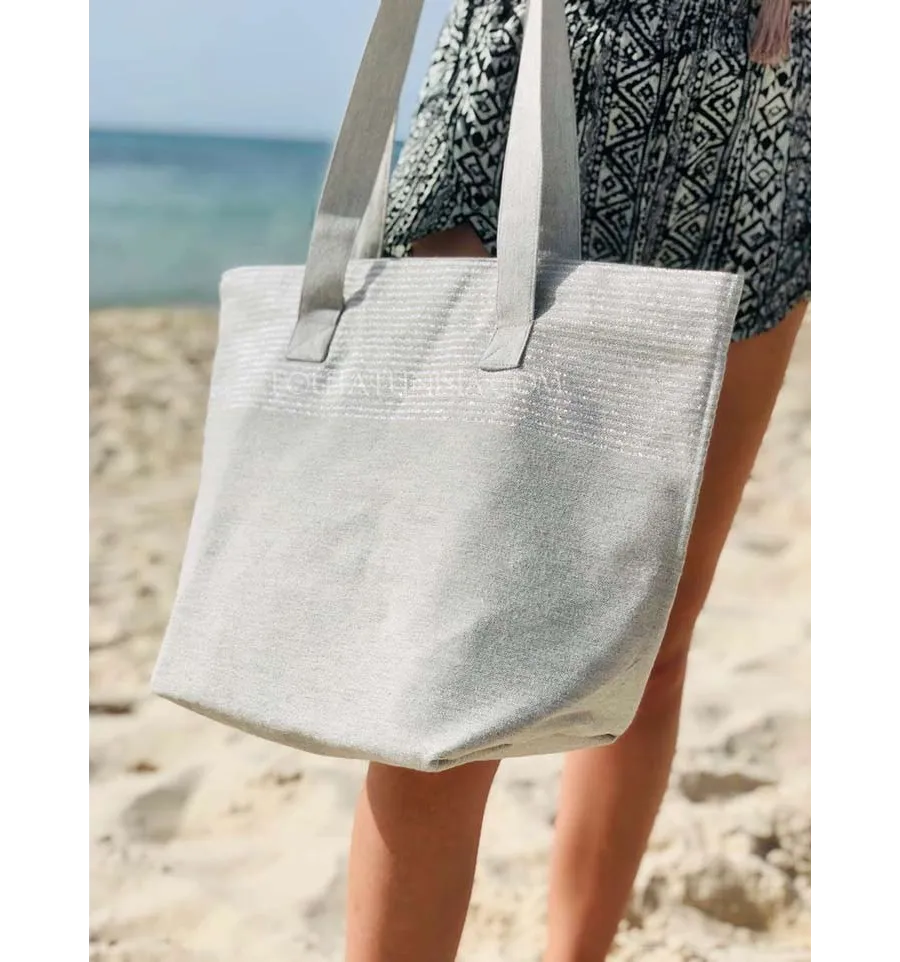 Sac de plage fouta gris clair avec lurex argenté  - 2