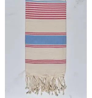 Fouta dina blanc crème, bleu clair et rose foncé Fouta Tunisia - 1