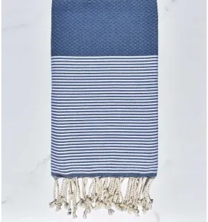 FOUTA NID D'ABEILLE Bleu guède rayée blanc Fouta Tunisia - 1