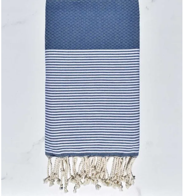 FOUTA NID D'ABEILLE Bleu guède rayée blanc Fouta Tunisia - 1