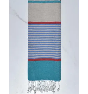 Fouta enfant grège, bleu, rouge et bleu canard Fouta Tunisia - 1