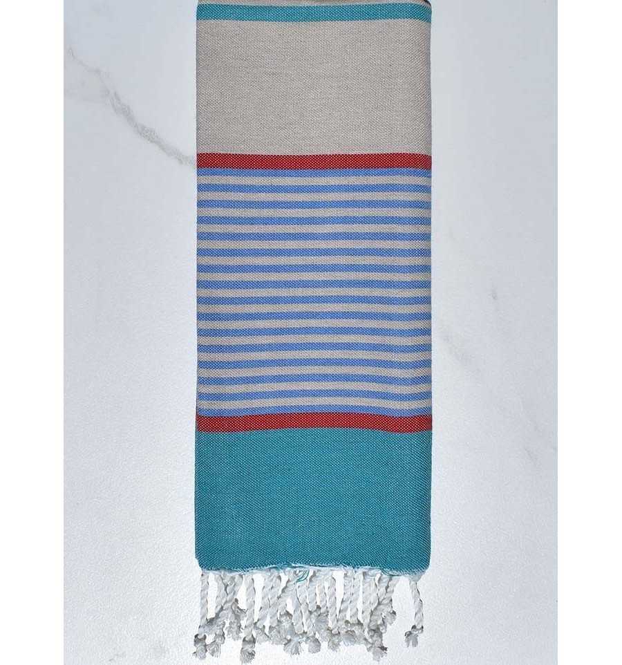 Fouta enfant grège, bleu, rouge et bleu canard