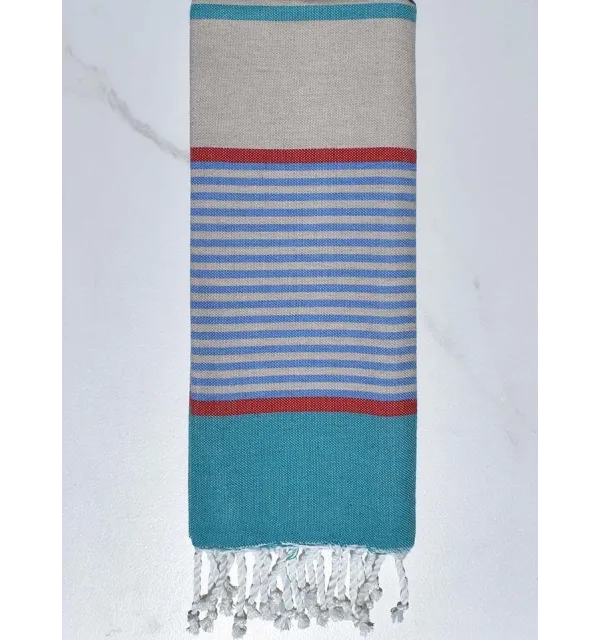 Fouta enfant grège, bleu, rouge et bleu canard Fouta Tunisia - 1