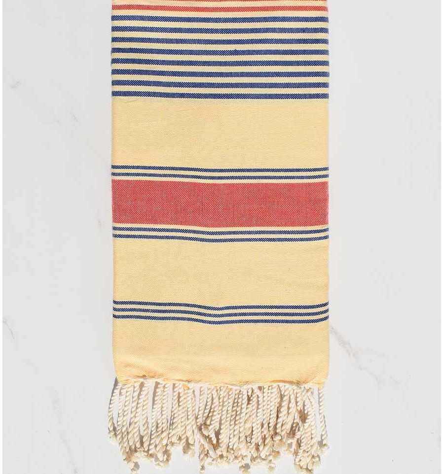 Fouta dina jaune crème, bleu jean et rouge corail