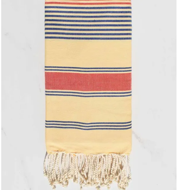 Fouta dina jaune crème, bleu jean et rouge corail Fouta Tunisia - 1