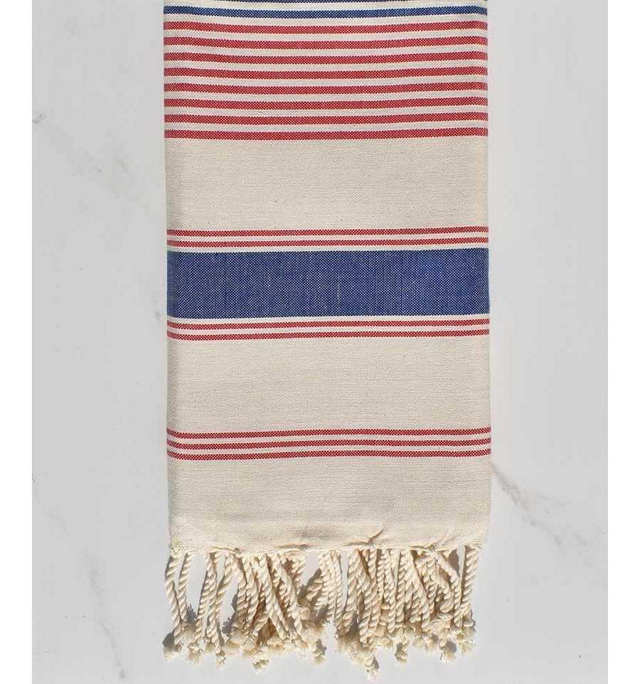 Fouta dina blanc crème, rouge et bleu jean