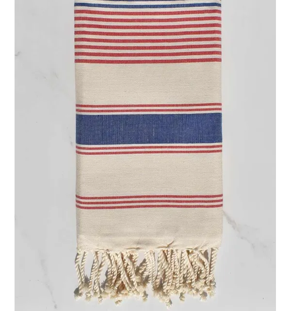 Fouta dina blanc crème, rouge et bleu jean Fouta Tunisia - 1