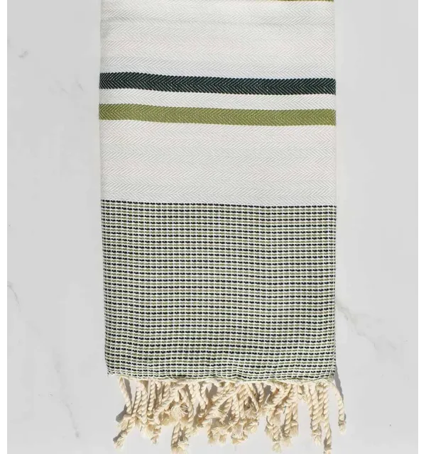 Fouta chevron blanc de lait, vert forêt et vert olive Fouta Tunisia - 1