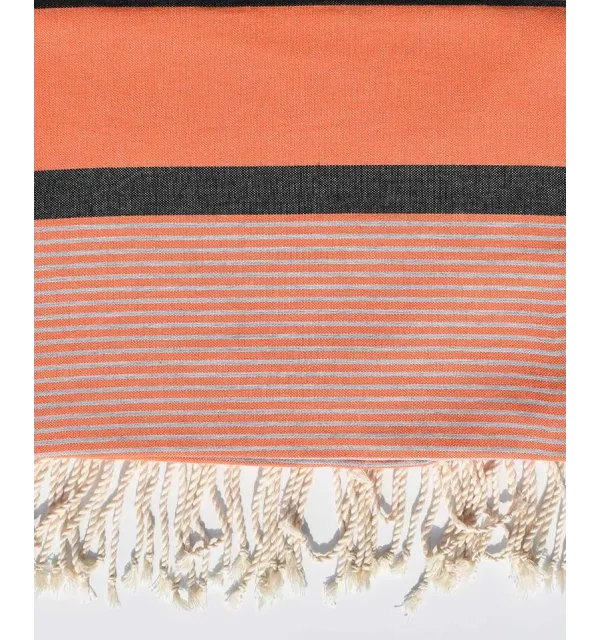 Jeté 1.50m/2.40m couleur orange corail et gris noir Fouta Tunisia - 1