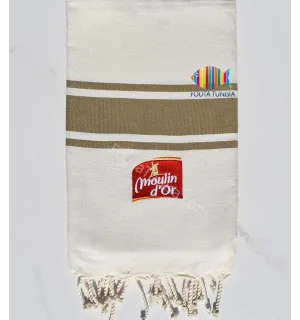 Fouta blanc crème bandes kaki brodée moulin d'or Fouta Tunisia - 1