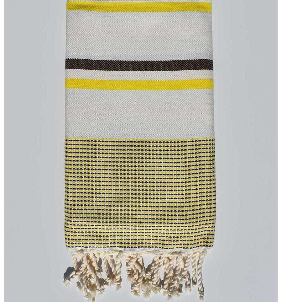 Fouta chevron blanc crème, jaune fluo et marron