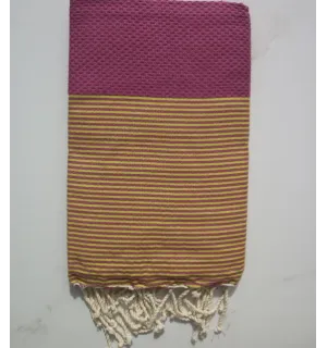FOUTA NID D'ABEILLE rose cerise rayée jaune 