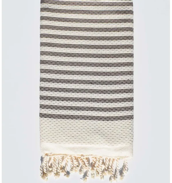 Fouta nid d'abeille rayée 1cm rayures taupe - 1