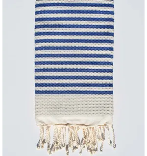 FOUTA nid d'abeille beige clair rayée 1 cm rayure bleu - 1 2