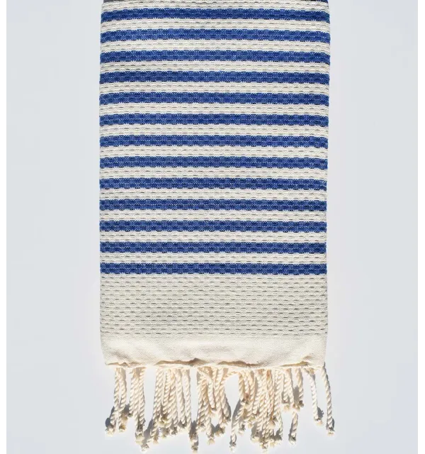FOUTA nid d'abeille beige clair rayée 1 cm rayure bleu  - 2