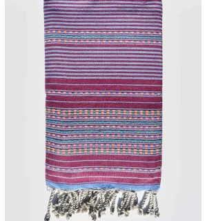 Serviette de plage arabesque magenta foncé avec rayures bleu Fouta Tunisia - 1
