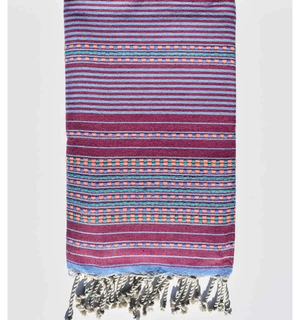 Serviette de plage arabesque magenta foncé avec rayures bleu Fouta Tunisia - 1