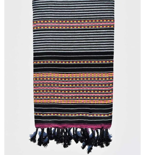 Serviette de plage arabesque noir, bleu gris très clair Fouta Tunisia - 1