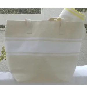 Sac de plage beige clair avec bandes blanche Fouta Tunisia - 1 2