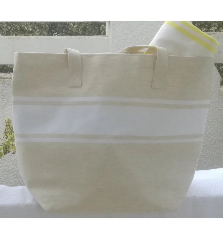 Sac de plage beige clair avec bandes blanche Fouta Tunisia - 2