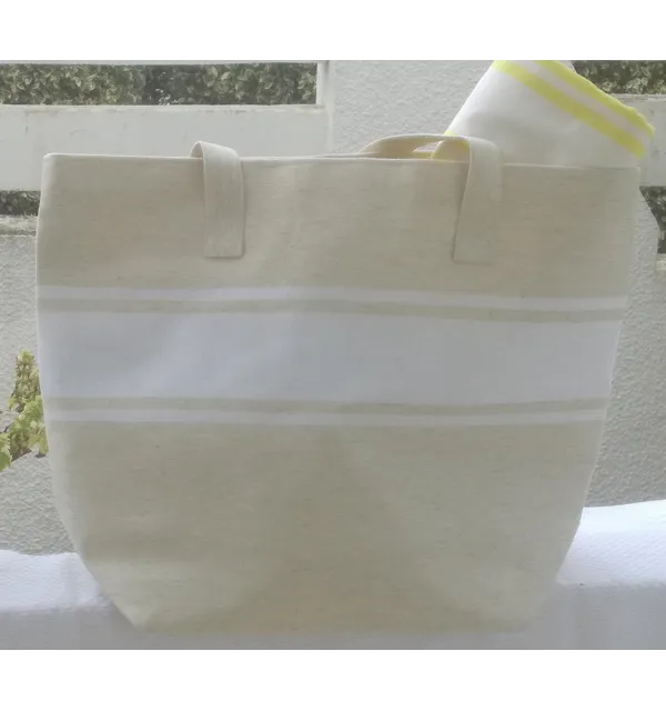 Sac de plage beige clair avec bandes blanche Fouta Tunisia - 2