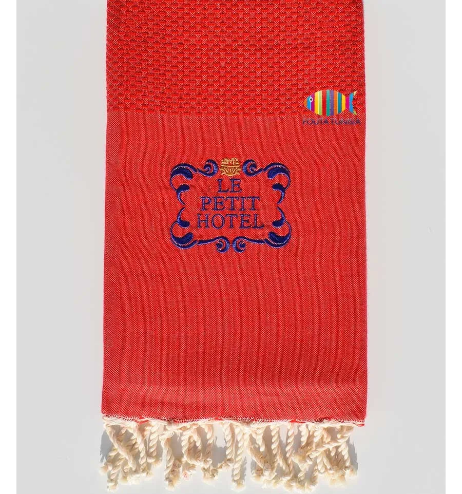 Serviette de plage nid d'abeille unie brodée Fouta Tunisia - 1
