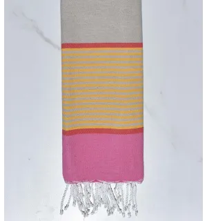 Serviette de plage enfant grège, rose clair, rouge corail et jaune Fouta Tunisia - 1