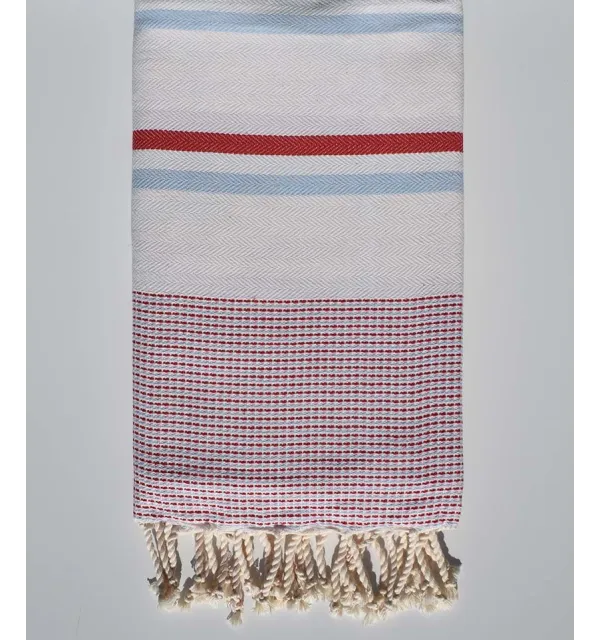 Fouta chevron blanc crème clair, rouge et bleu Fouta Tunisia - 4