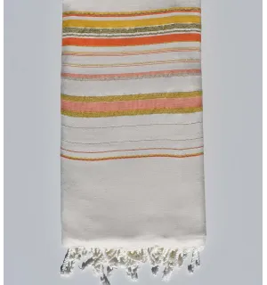Jeté Fadhila blanc crème, orange et moutarde avec lurex Fouta Tunisia - 1