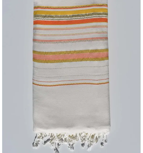 Jeté Fadhila blanc crème, orange et moutarde avec lurex Fouta Tunisia - 1