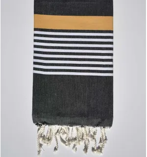 Serviette de plage arthur gris noir avec rayures blanche et jaune vénitien Fouta Tunisia - 1