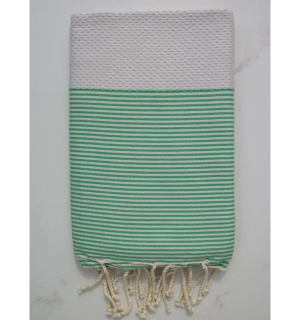 FOUTA NID D'ABEILLE gris clair rayée vert gazon 