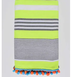 Serviette de plage jaune fluo rayée blanc et gris  - 1